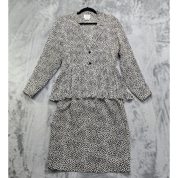 Vintage 80s Francesca of Damon Skirt Set Size 8 Black White Silk Peplum Pencil - Picture 1 of 16